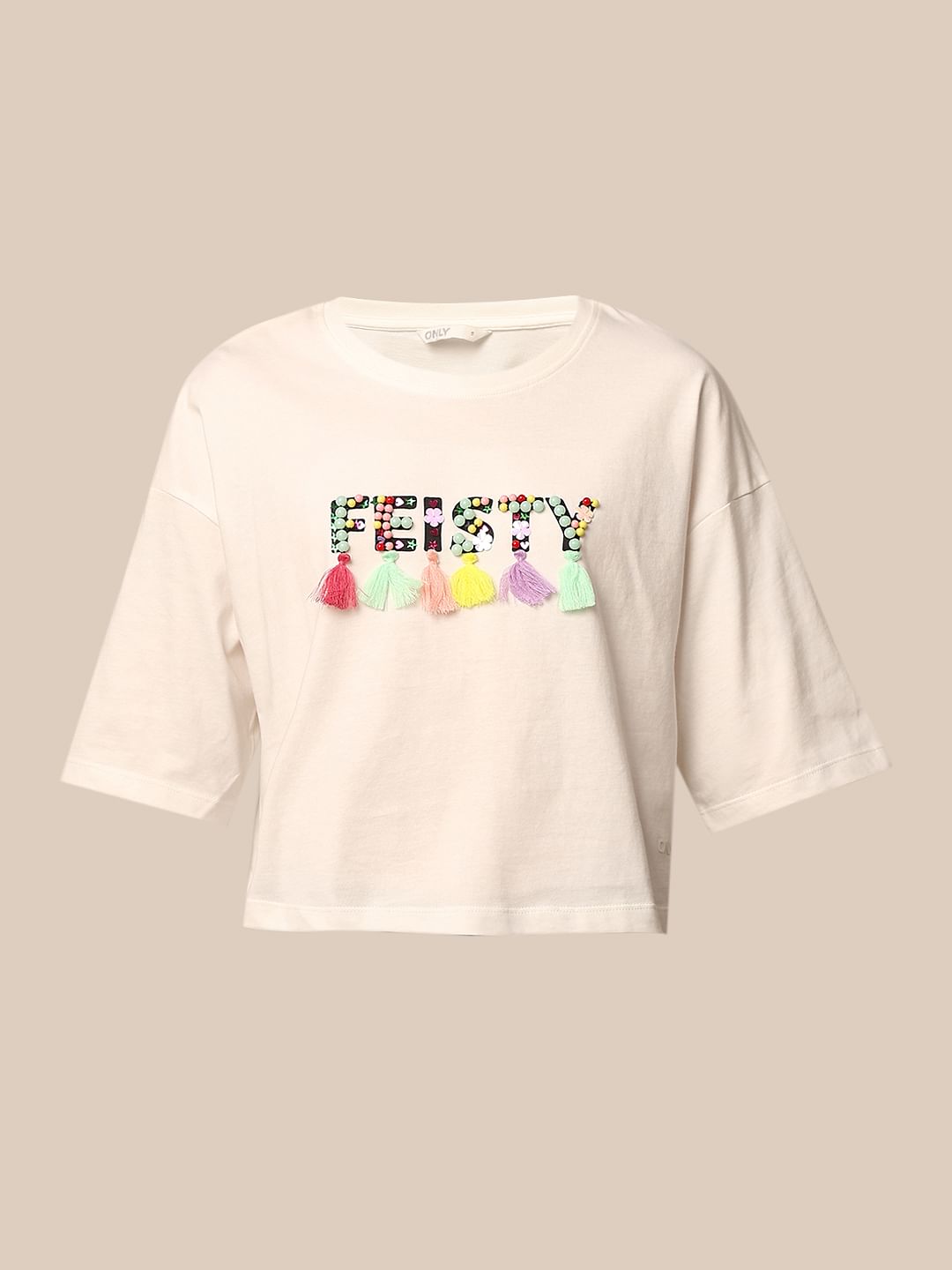 White Bead Decorated Cotton T-Shirt