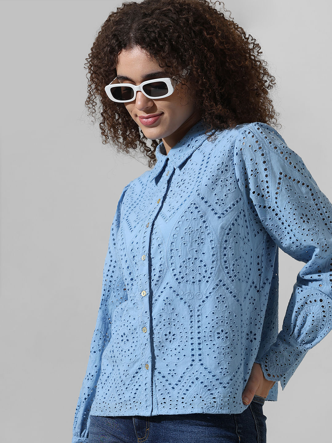 Blue Schiffli Print Shirt