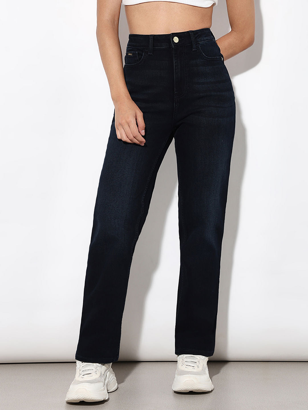 Dark Blue High Rise Straight Fit Jeans