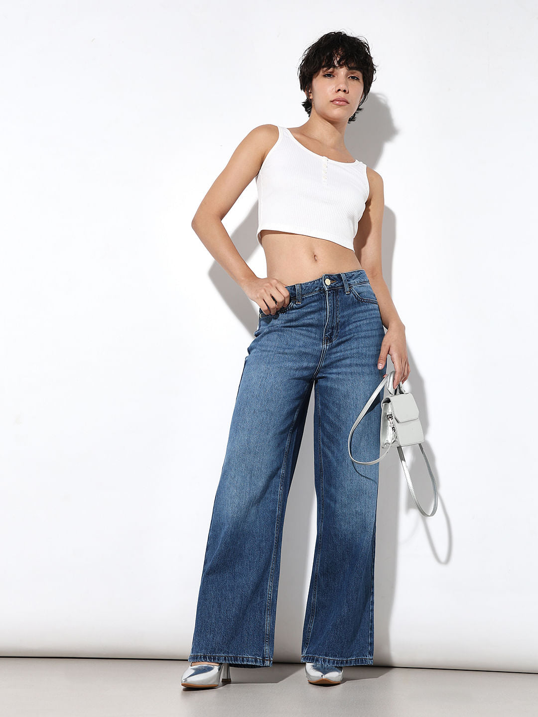 Blue High Rise Wide Leg Jeans