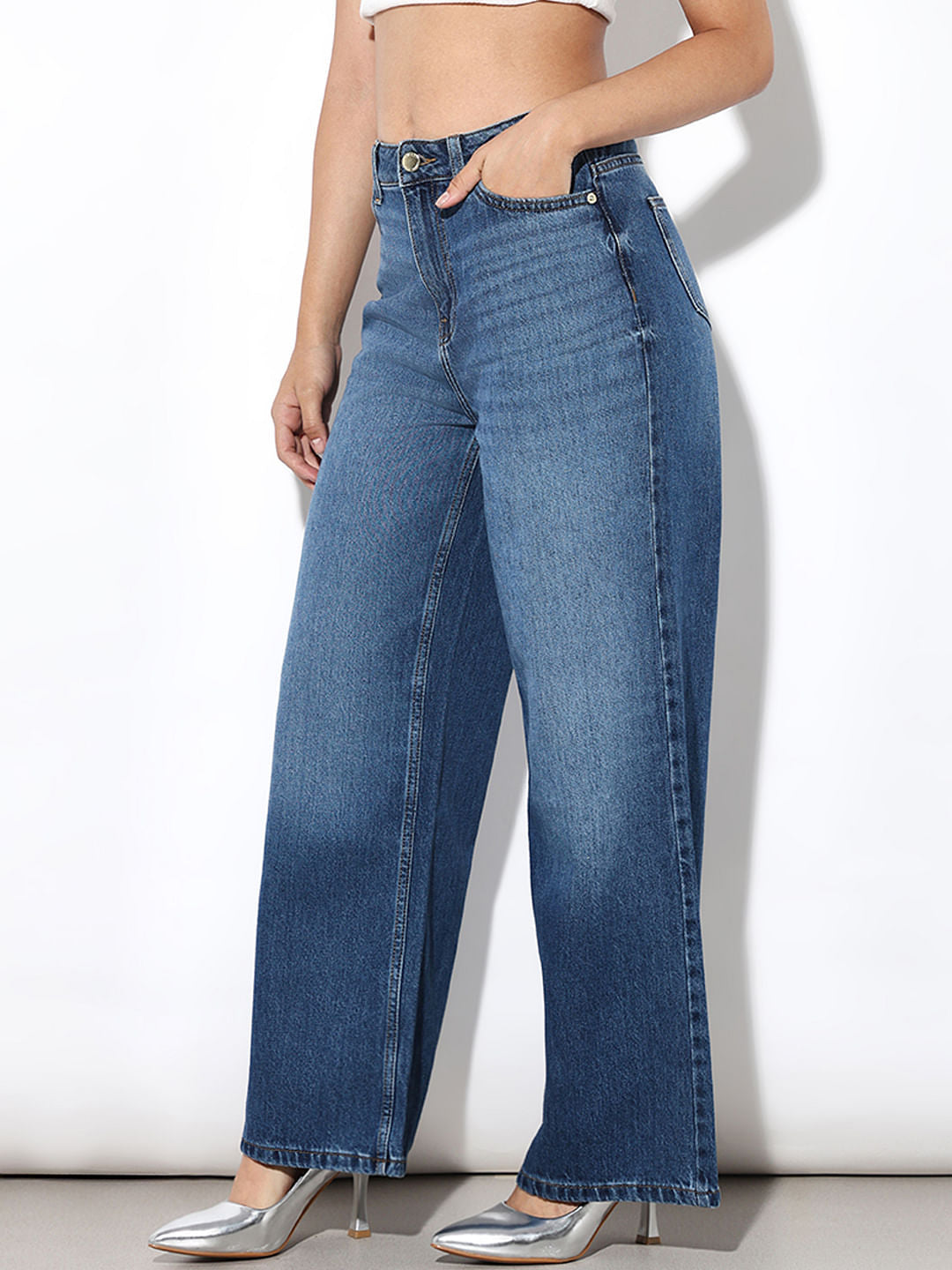 Blue High Rise Wide Leg Jeans
