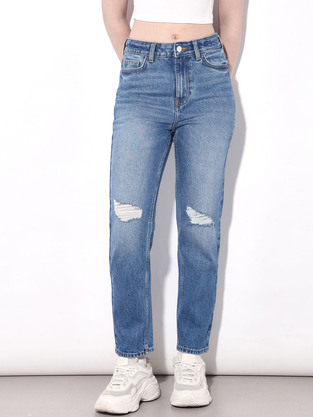 Blue High Rise Distressed Straight Fit Jeans
