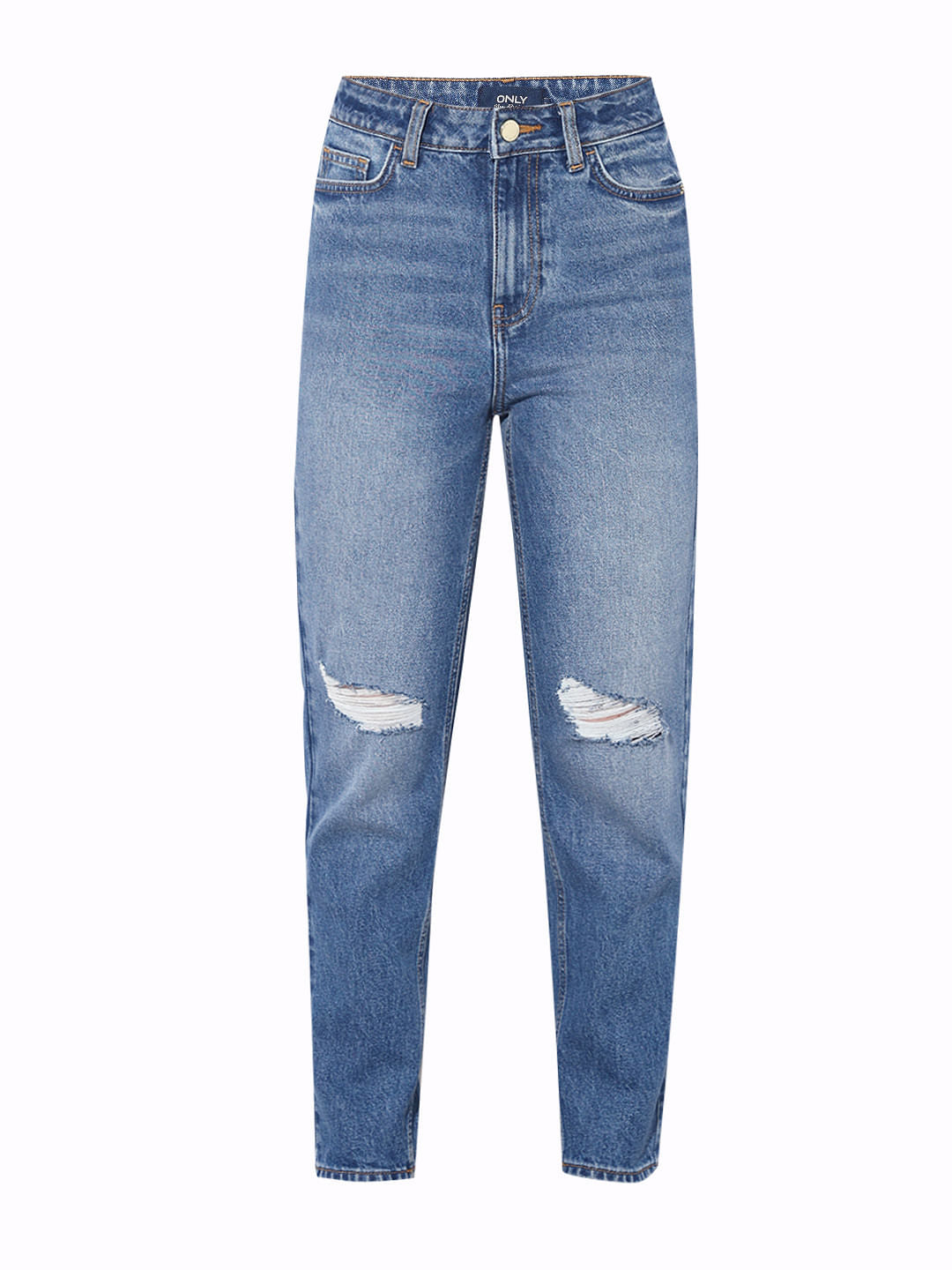 Blue High Rise Distressed Straight Fit Jeans
