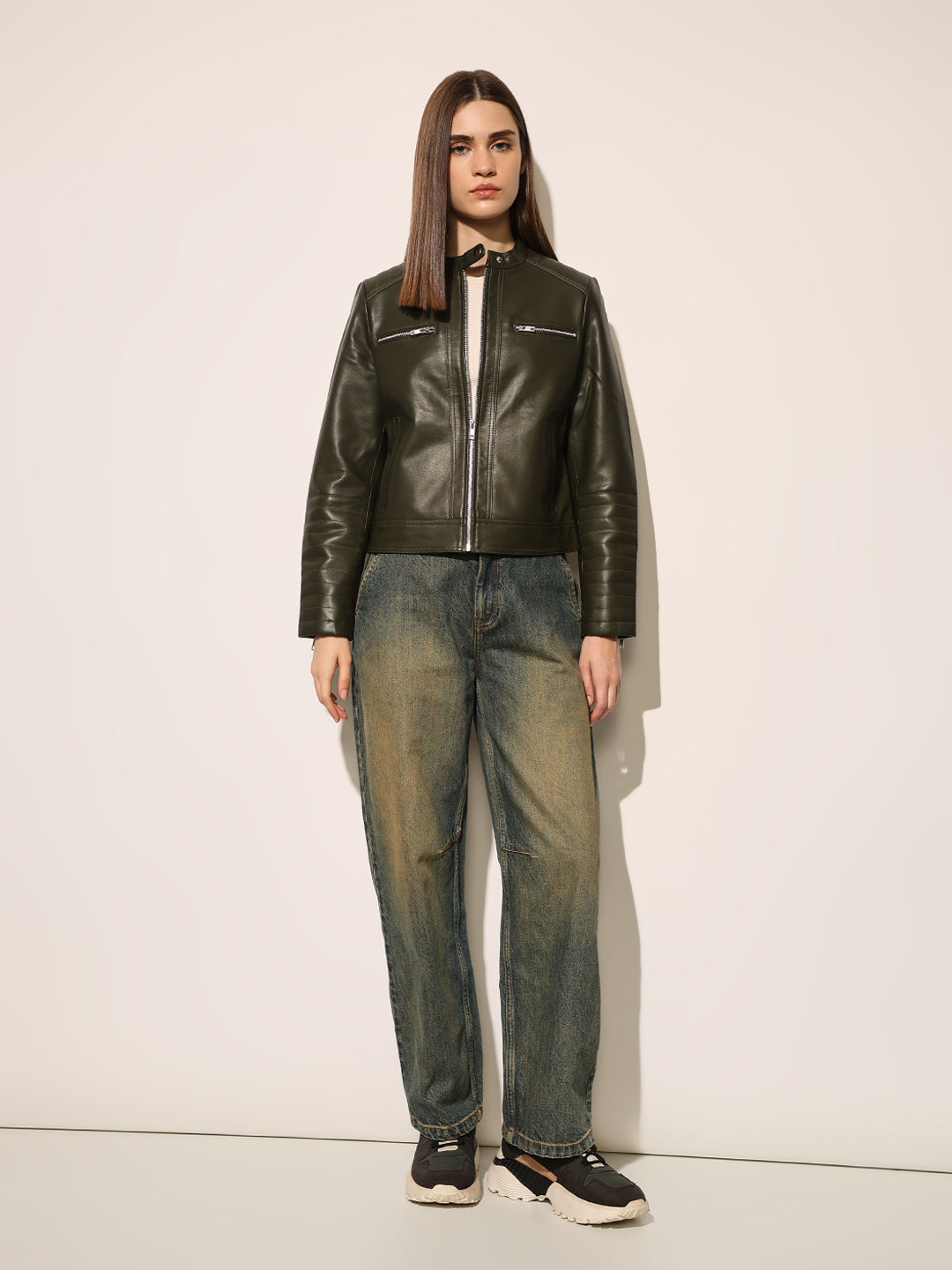 ONLY Dark Green Faux Leather Biker Jacket