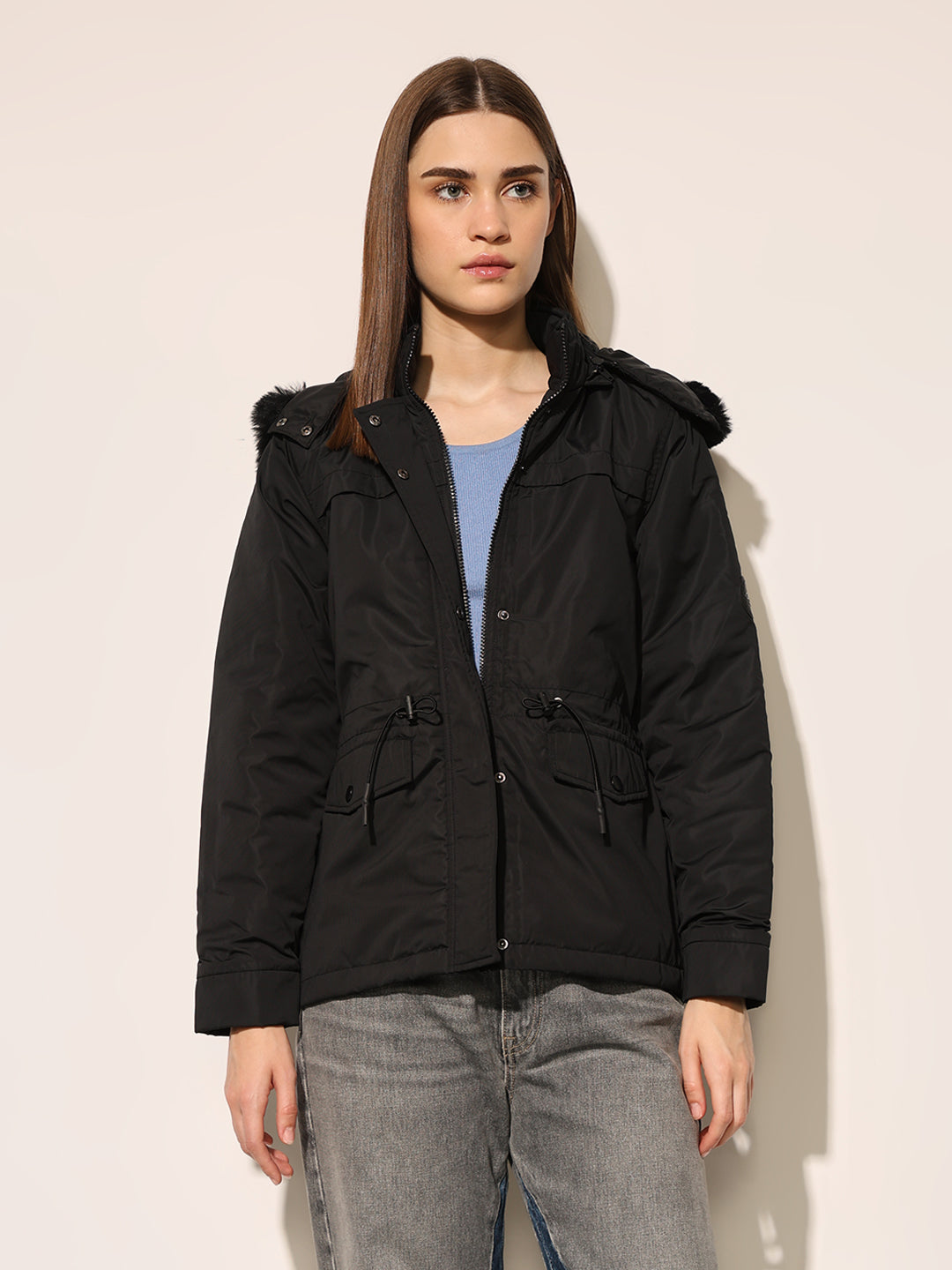 ONLY Black Faux Fur Hooded Jacket