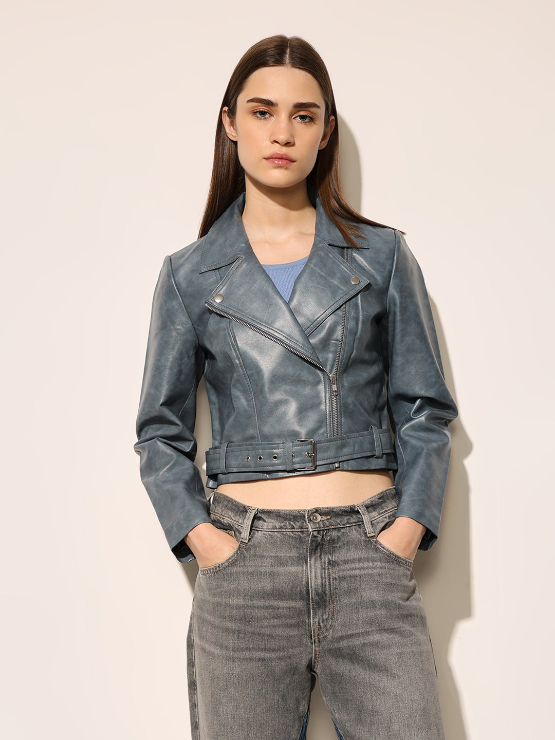 Blue Faux Leather Biker Jacket1