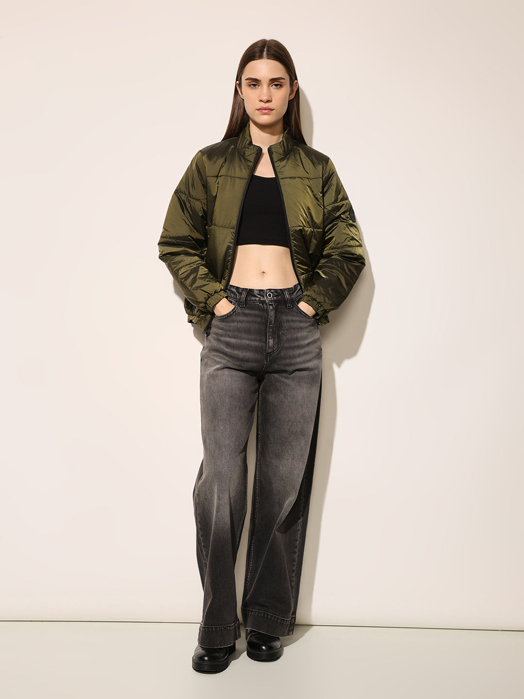 ONLY Dark Green High Neck Puffer Jacket