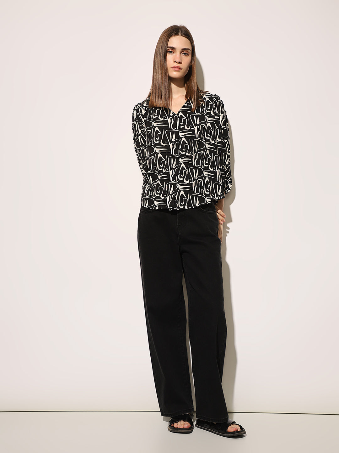 Black Abstract Print Top