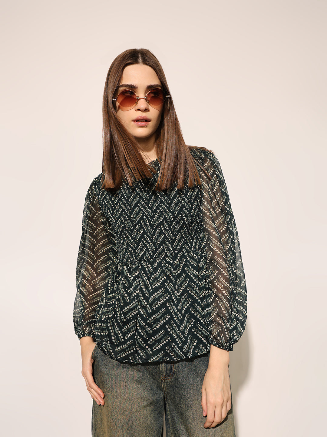 Black Printed Smocked Top