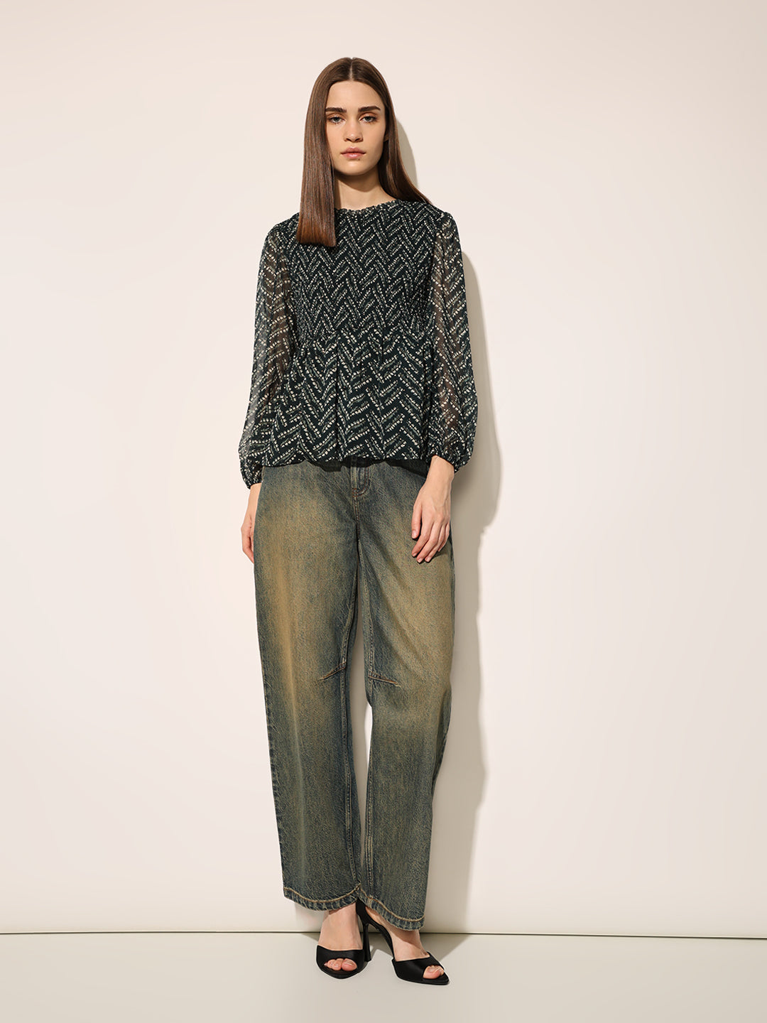 Black Printed Smocked Top