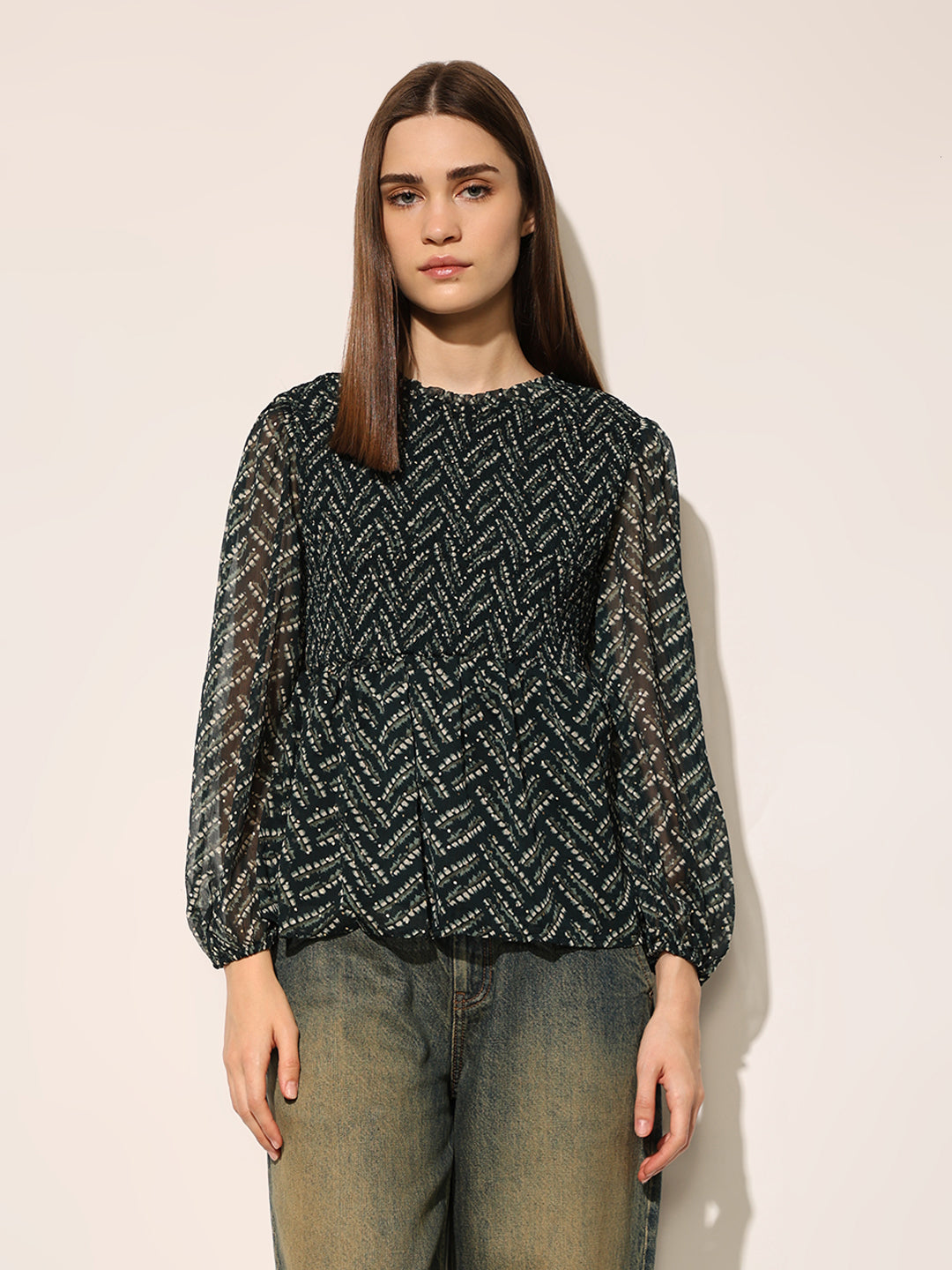 Black Printed Smocked Top