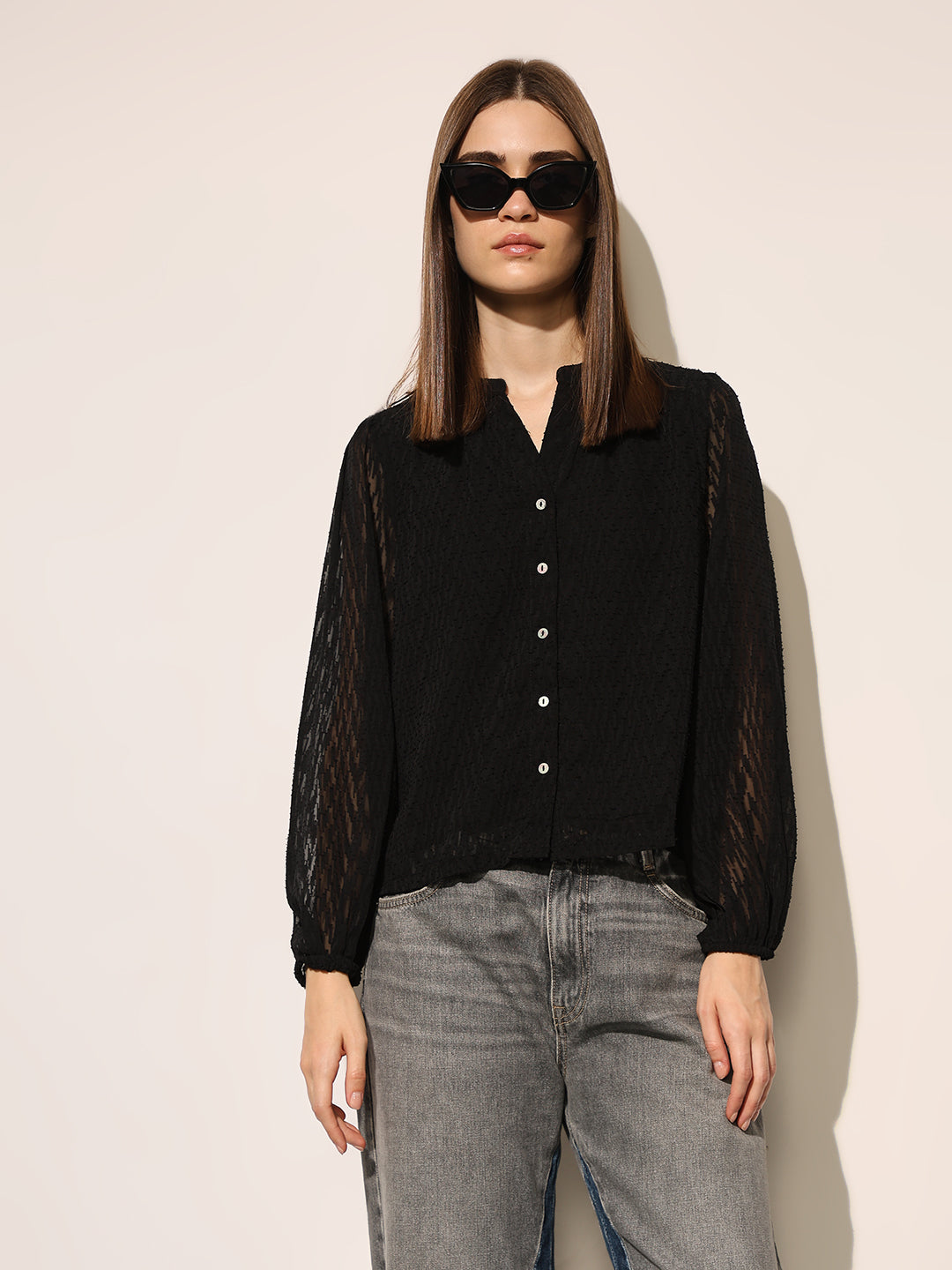 Black Textured V Neck Top