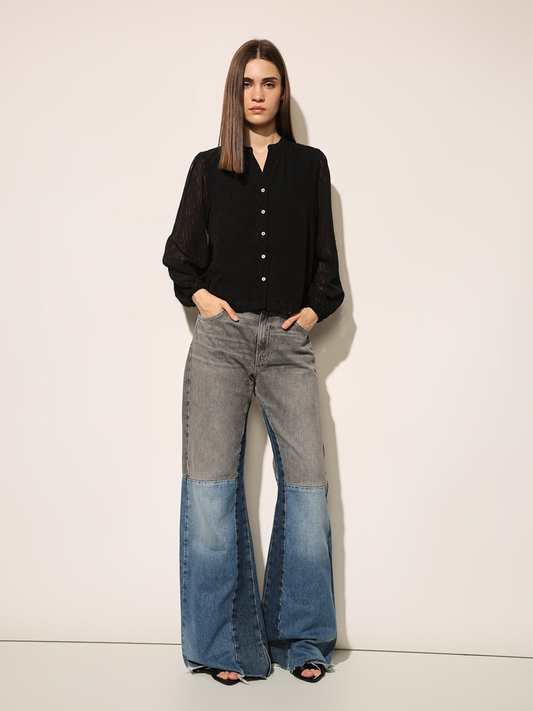 Black Textured V Neck Top