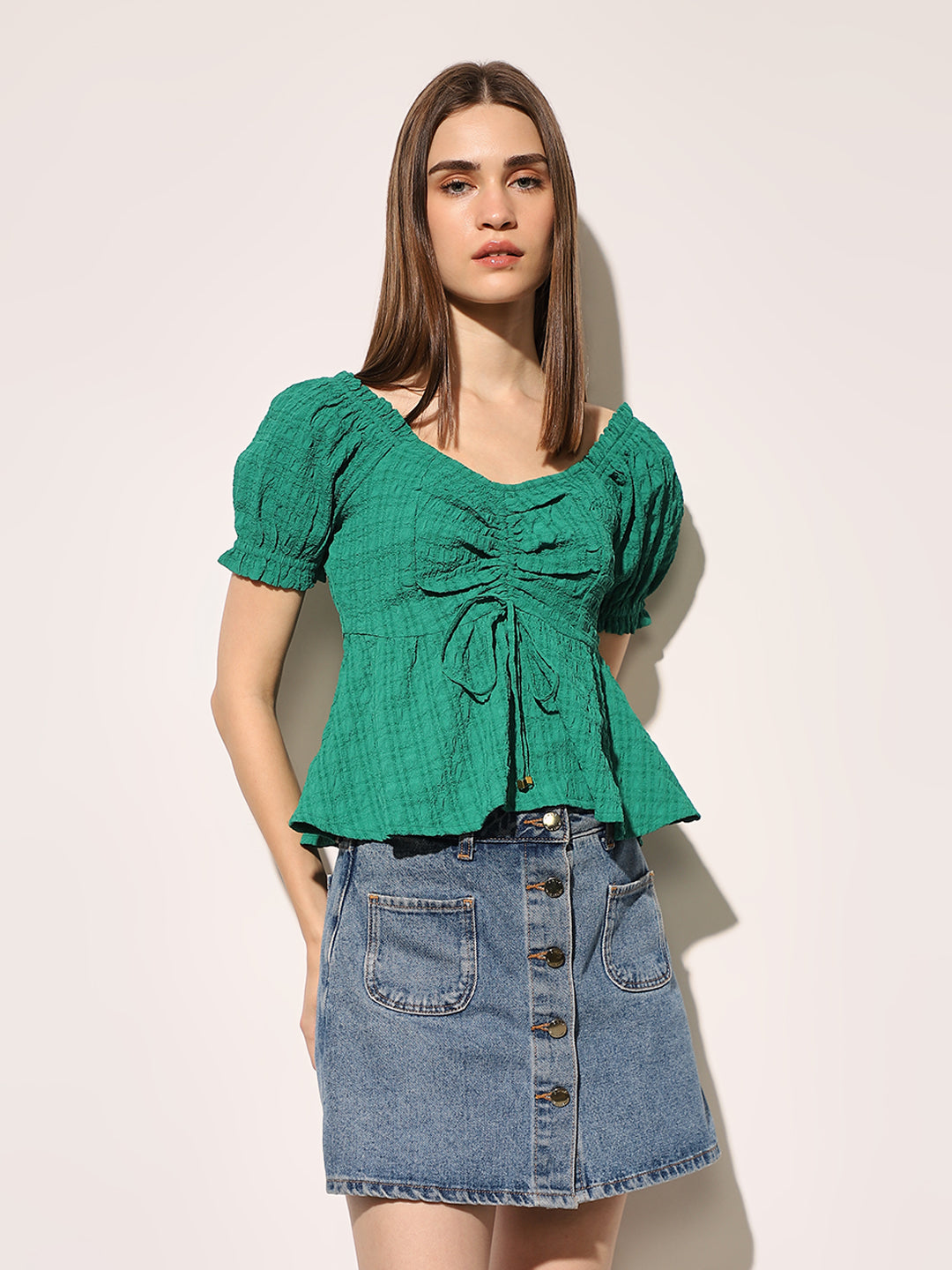 Green Textured Peplum Top