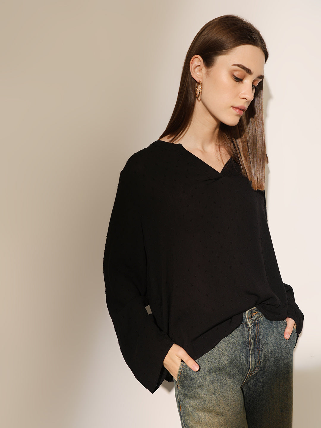 Black Dobby V Neck Top