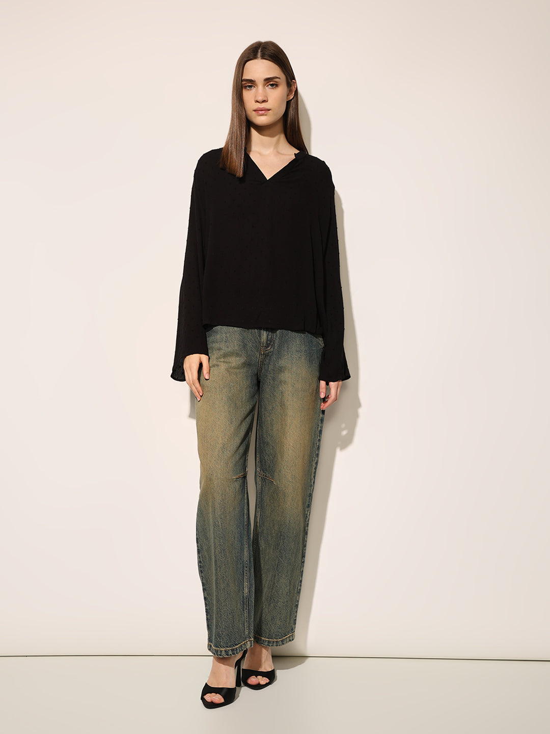 Black Dobby V Neck Top