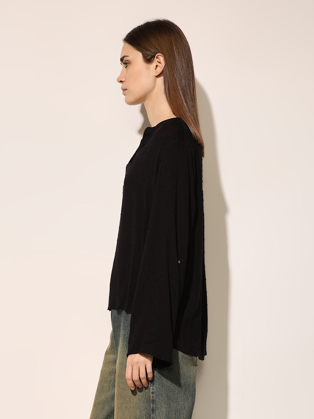 Black Dobby V Neck Top