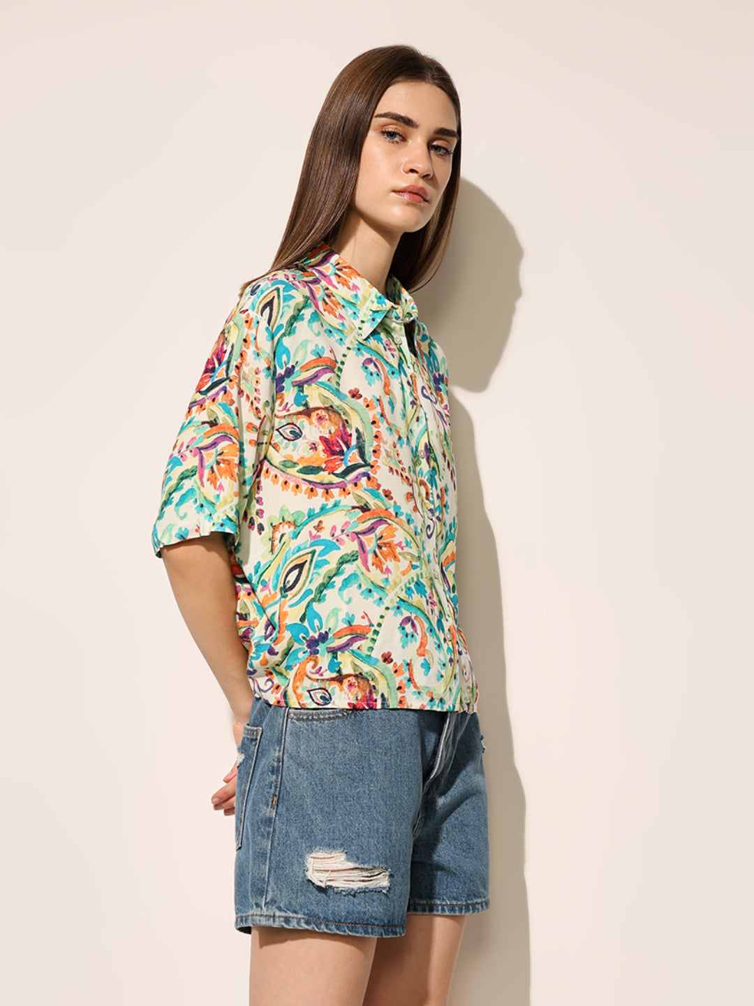 White Printed Loose Fit Shirt