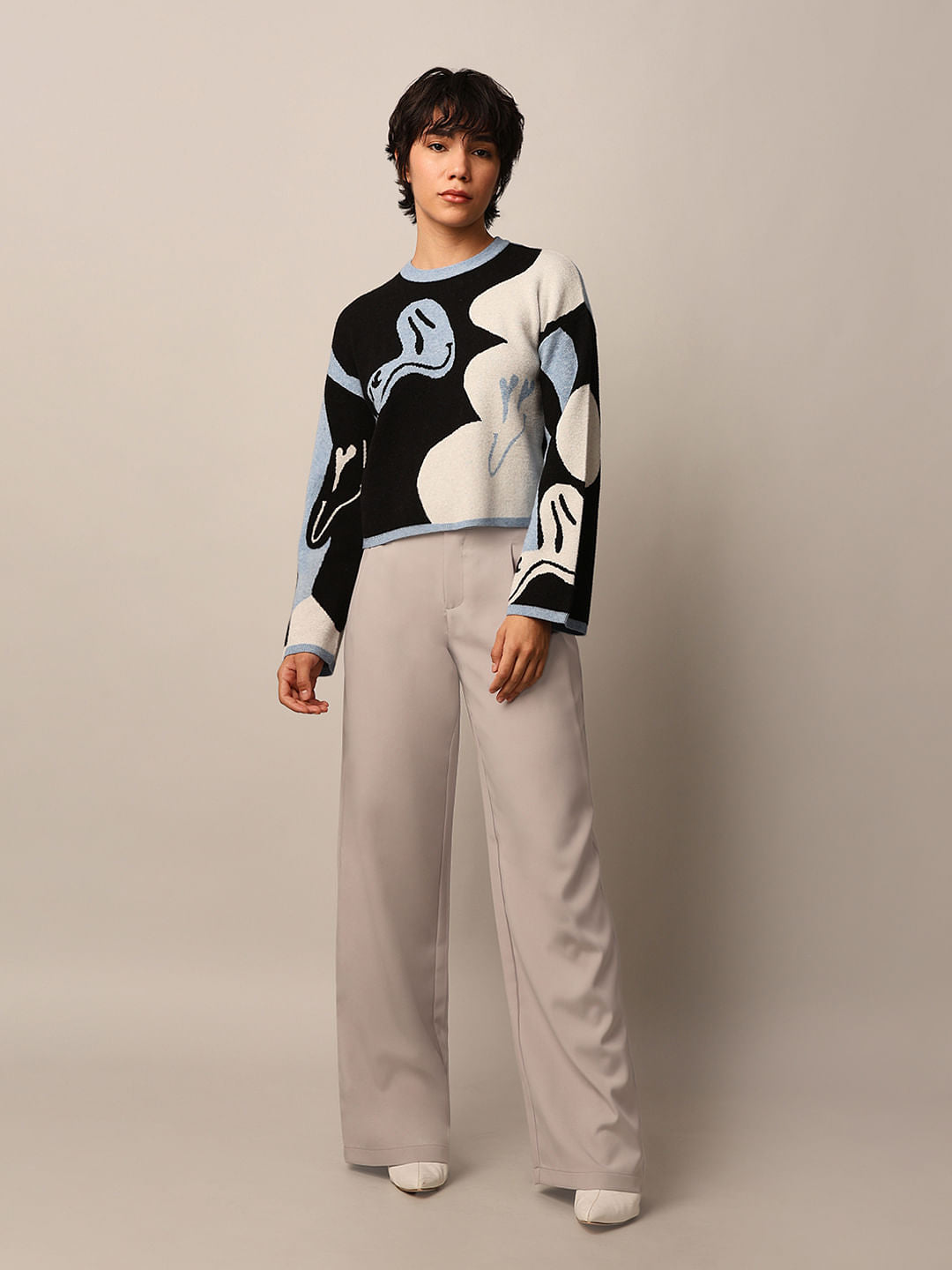 Black Printed Jacquard Knit Pullover