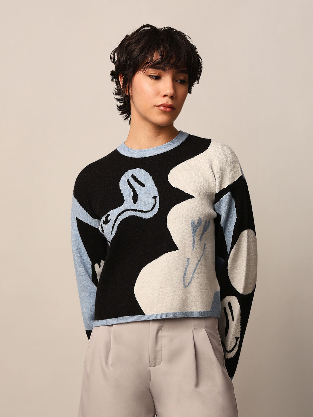 Black Printed Jacquard Knit Pullover