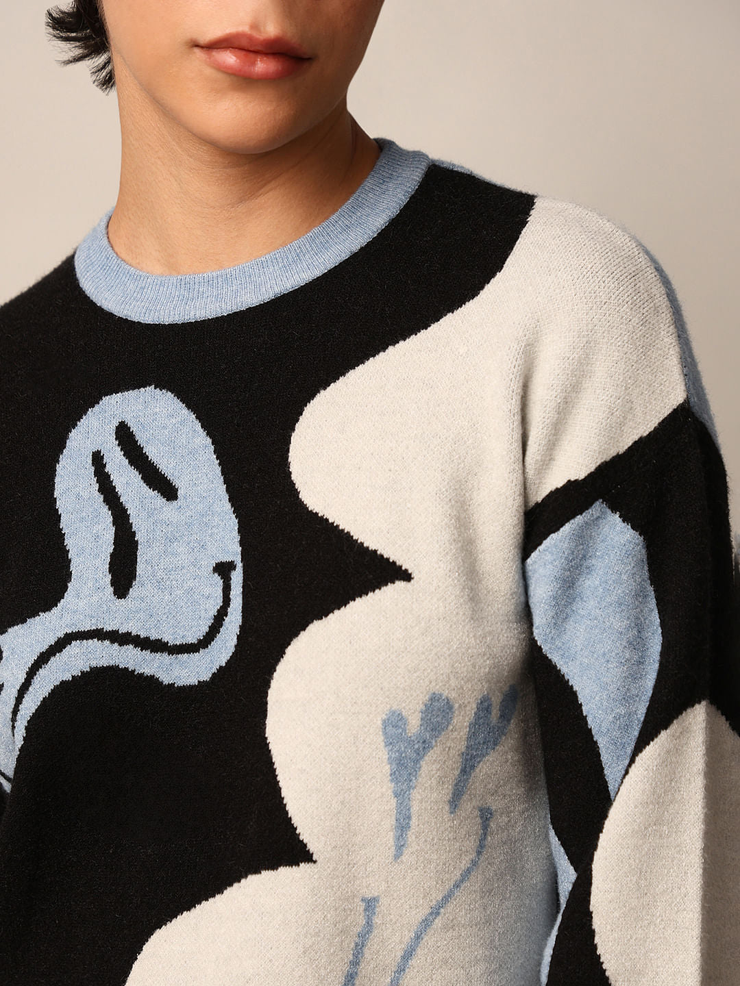 Black Printed Jacquard Knit Pullover