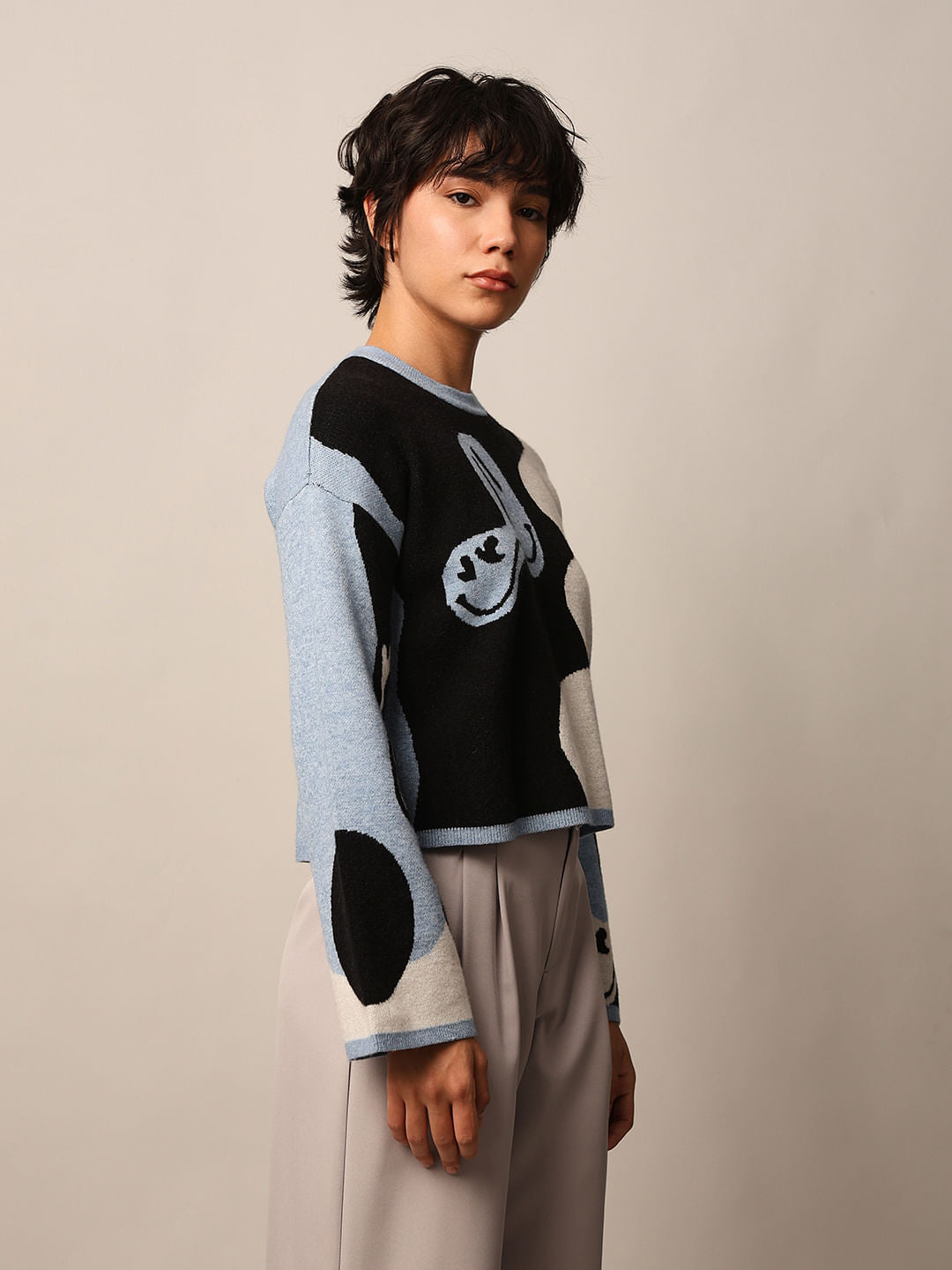 Black Printed Jacquard Knit Pullover