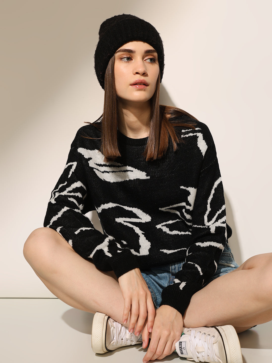 Black Printed Jacquard Knit Pullover - XS