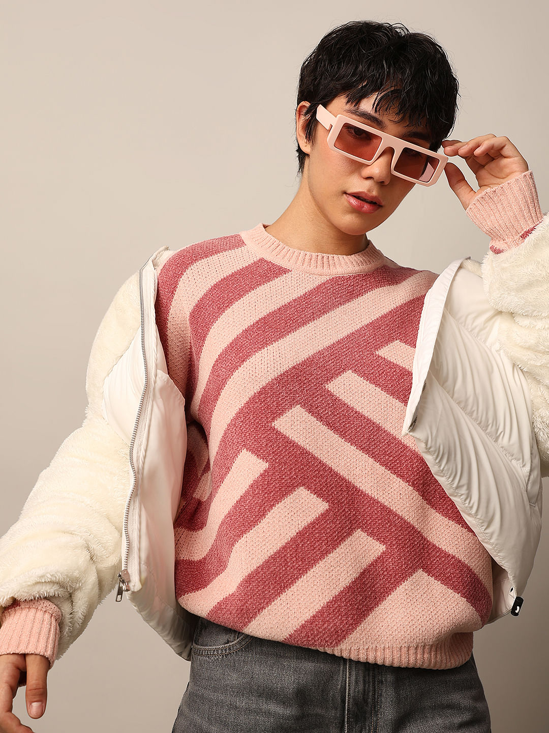 Pink Printed Jacquard Knit Pullover