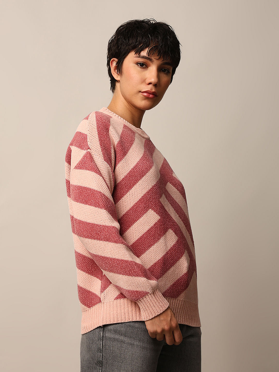 Pink Printed Jacquard Knit Pullover