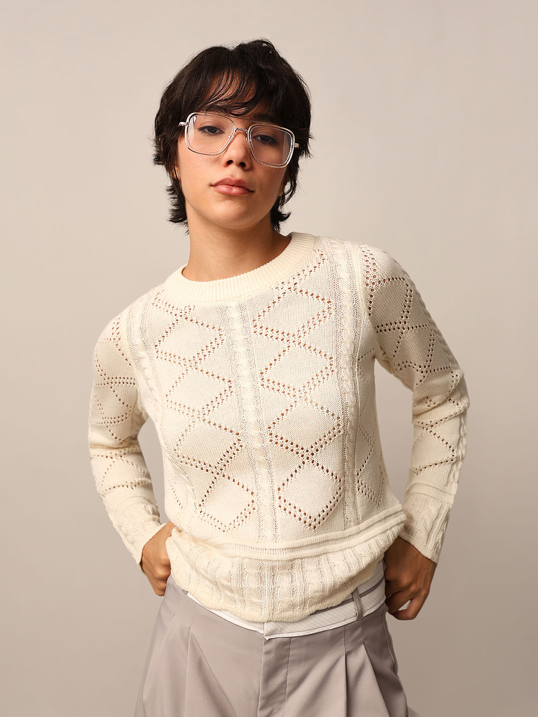 Beige Pointelle Knit Pullover