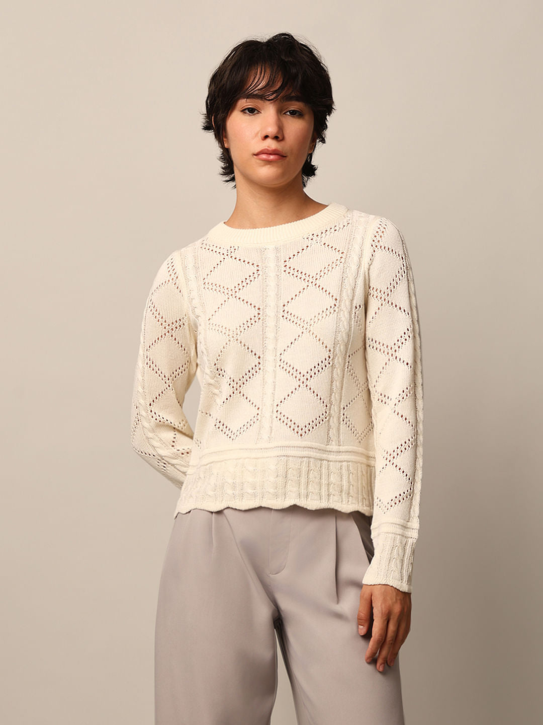 Beige Pointelle Knit Pullover