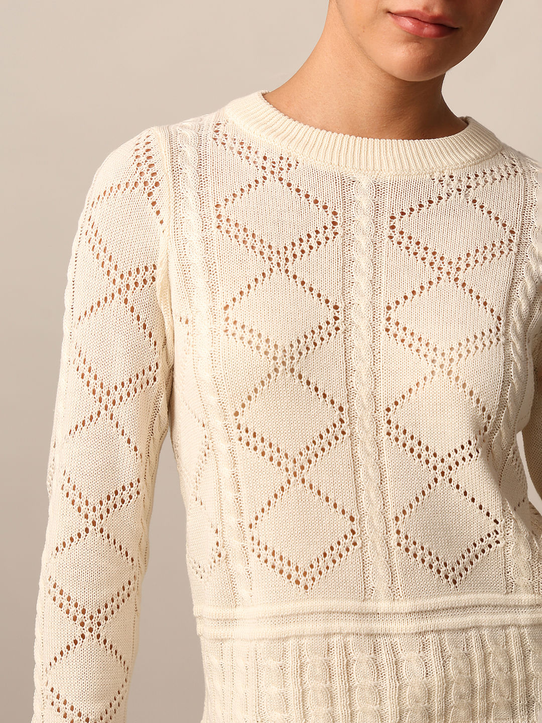 Beige Pointelle Knit Pullover
