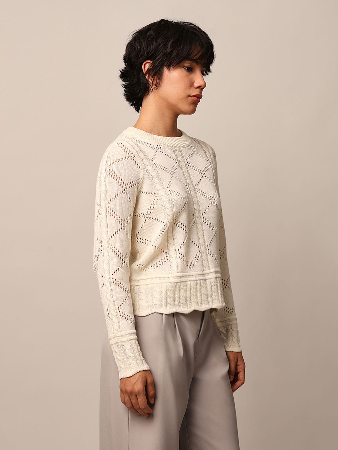 Beige Pointelle Knit Pullover
