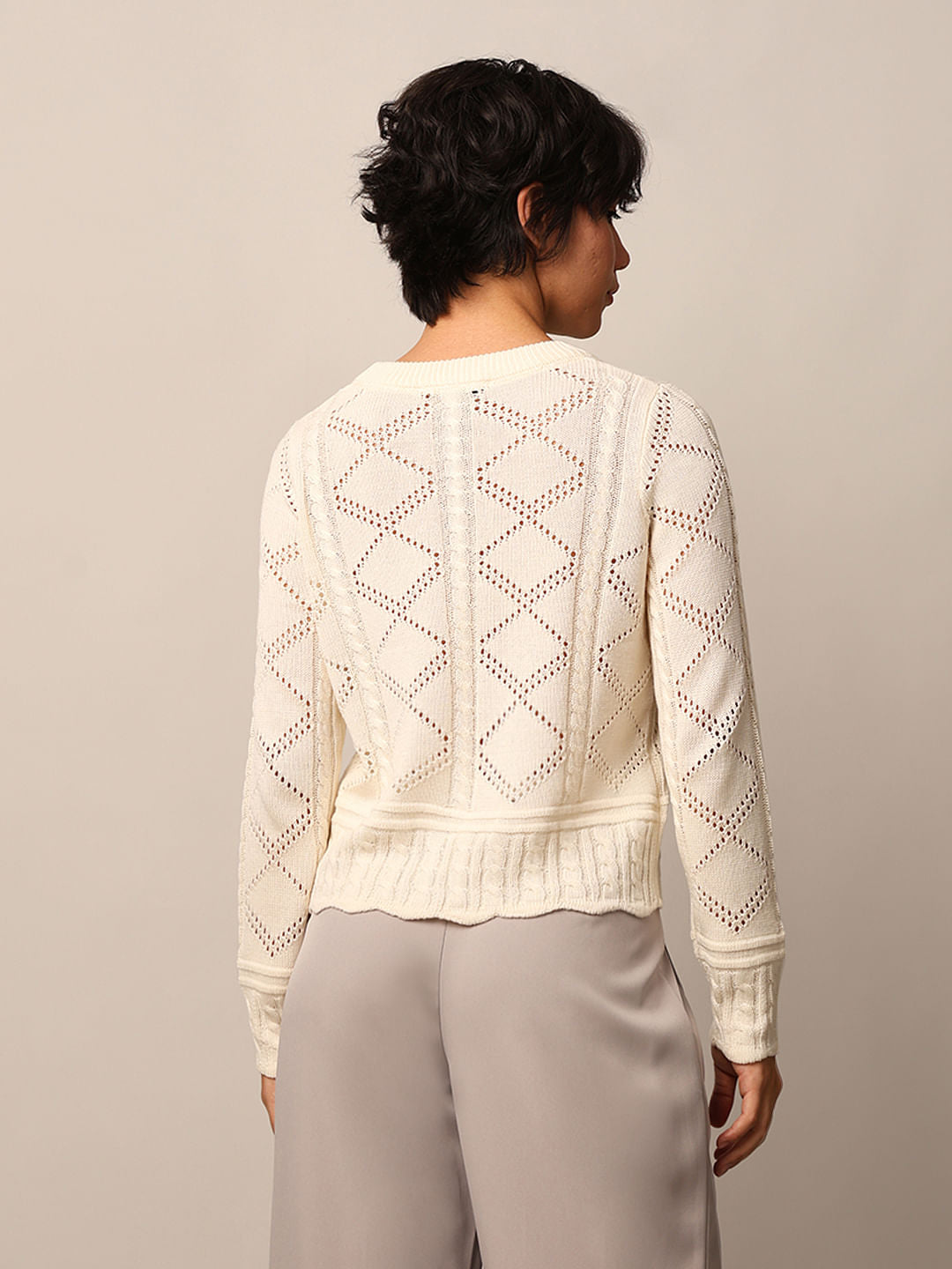 Beige Pointelle Knit Pullover