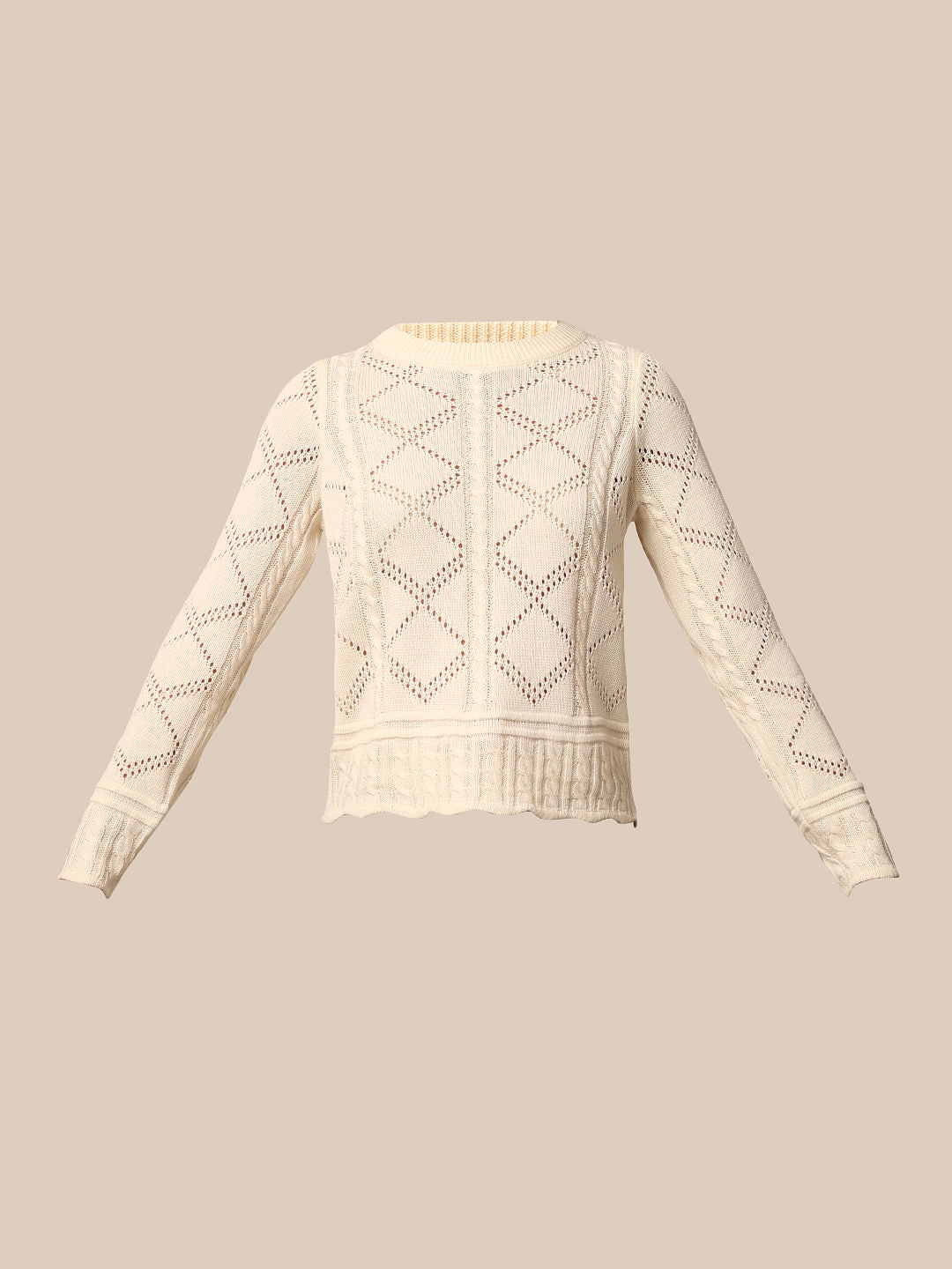 Beige Pointelle Knit Pullover