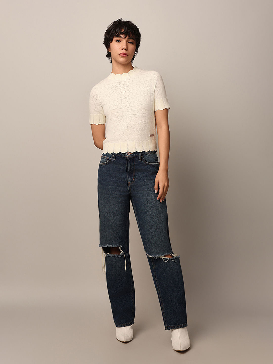 Beige Pointelle Knit Pullover