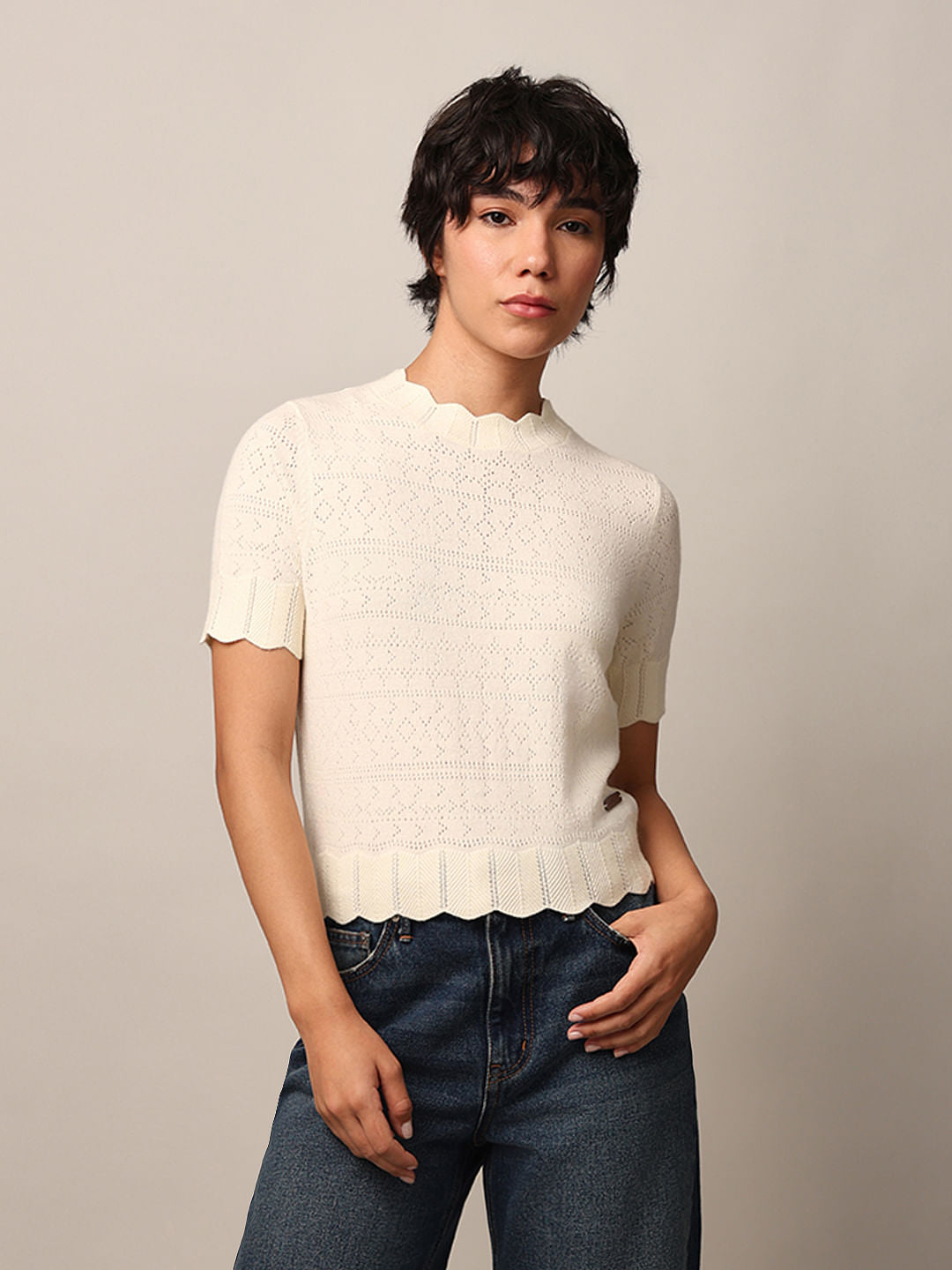 Beige Pointelle Knit Pullover