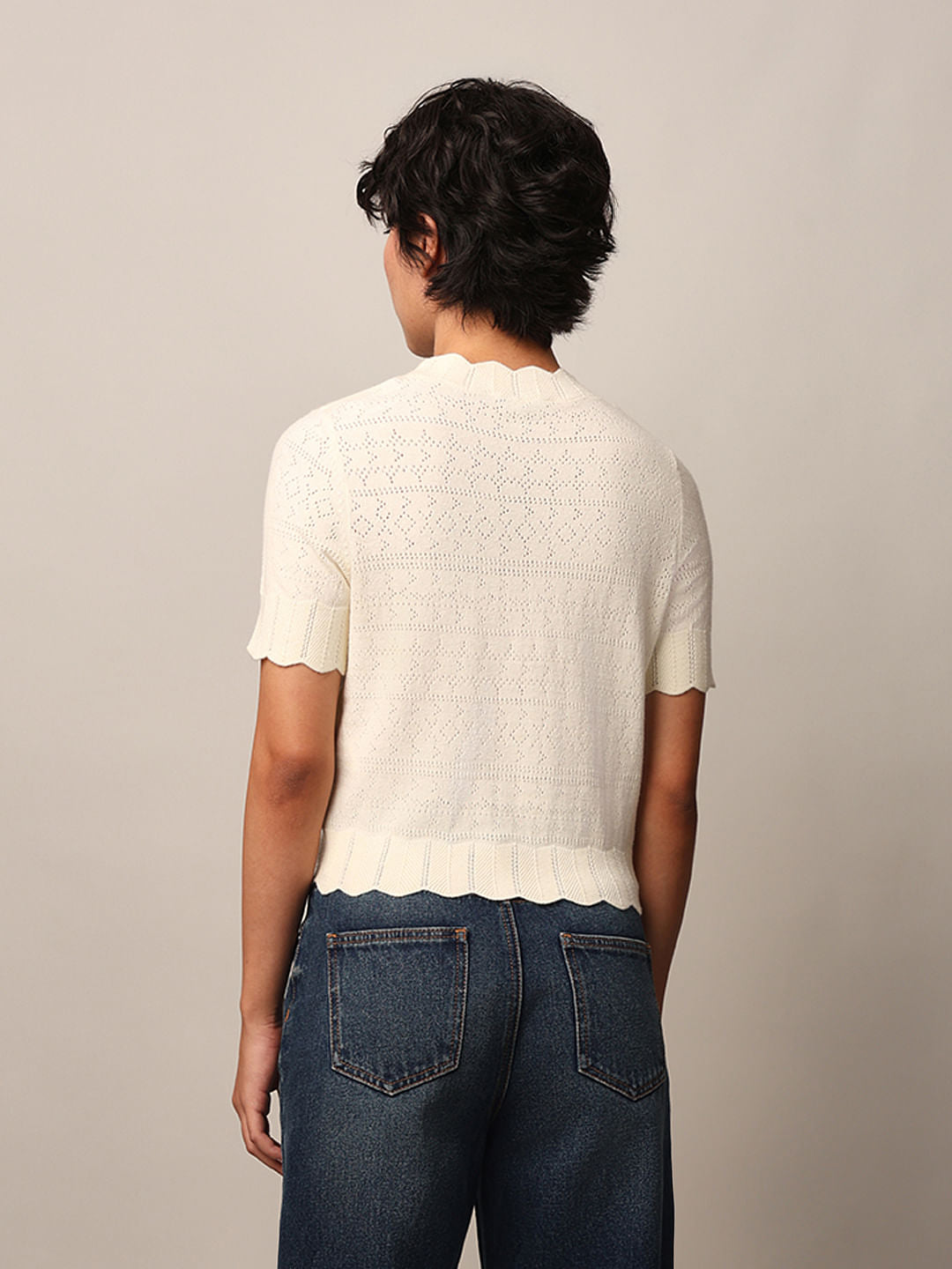 Beige Pointelle Knit Pullover