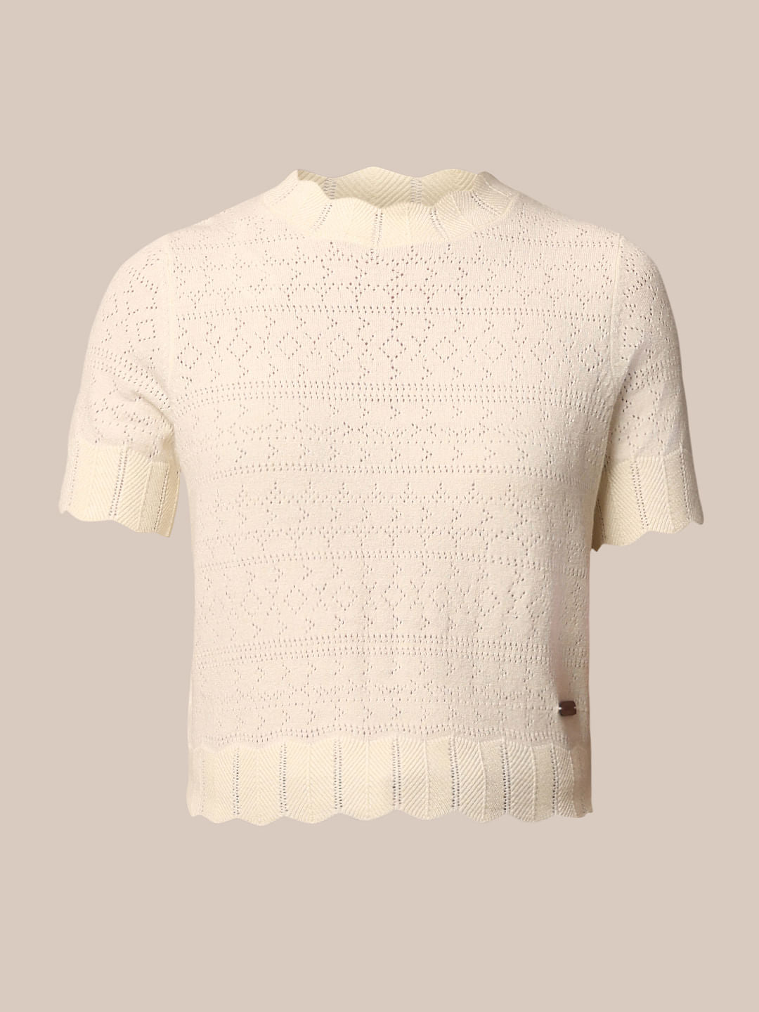 Beige Pointelle Knit Pullover