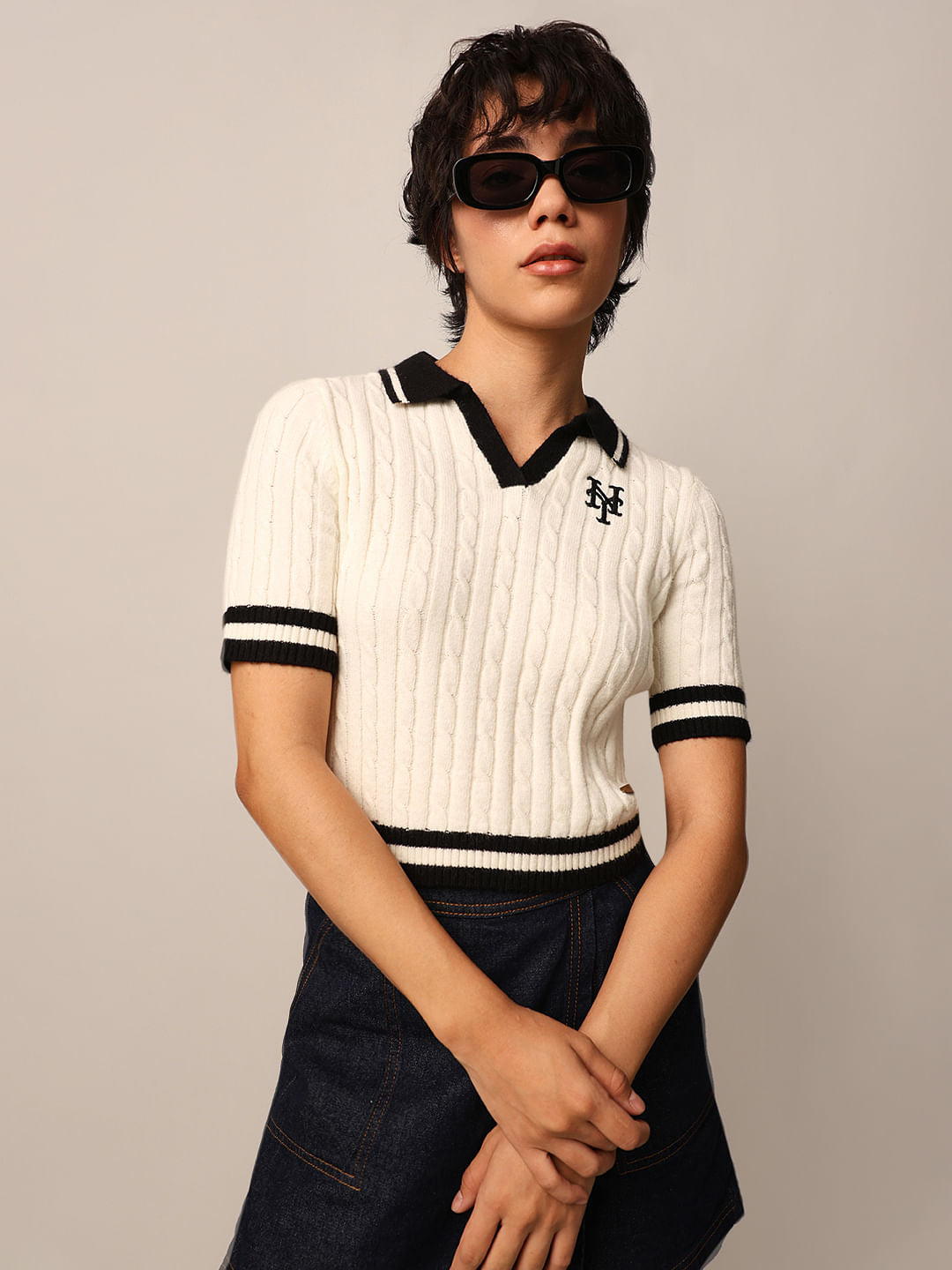 White Ribbed Knit Polo