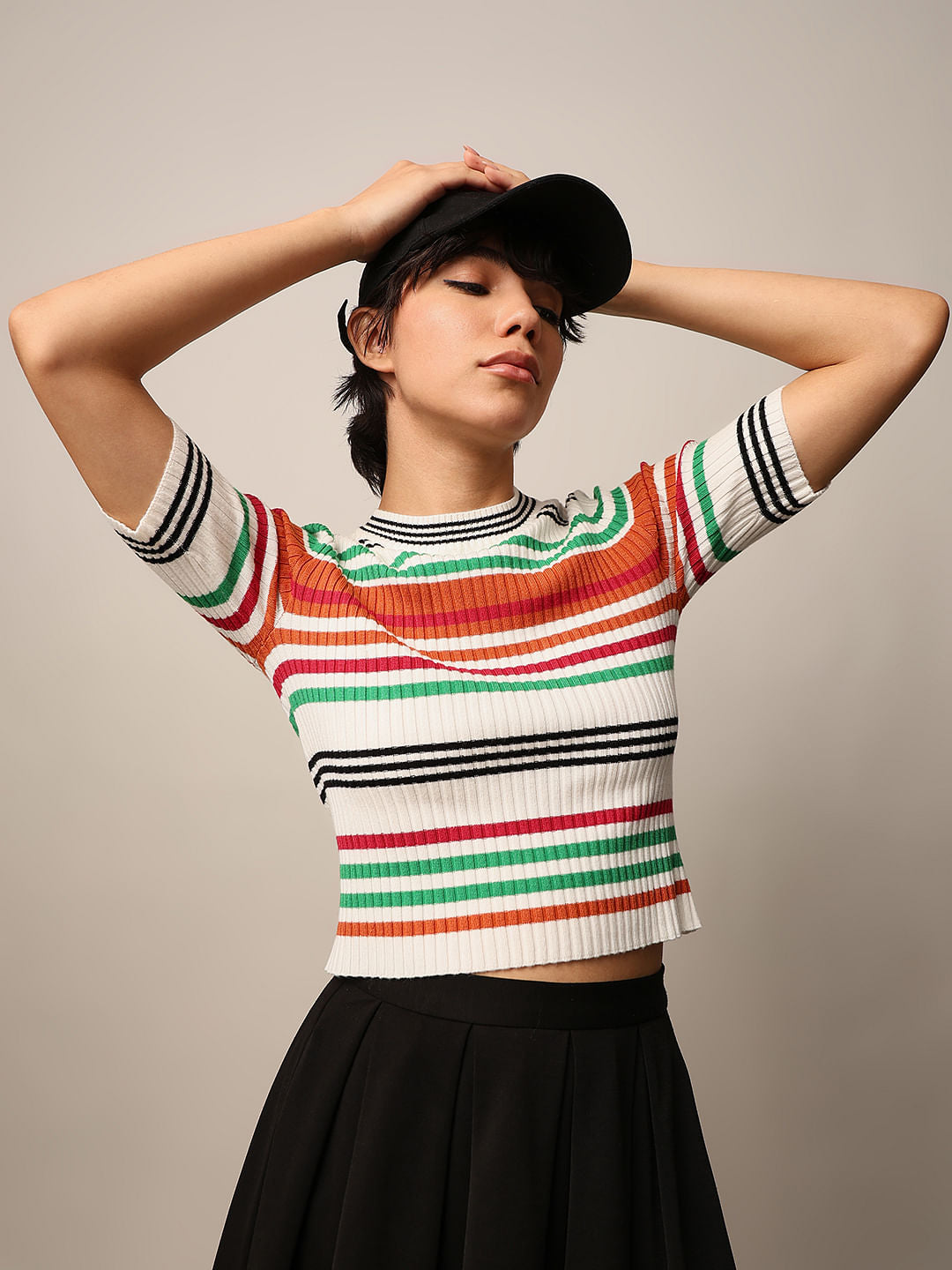 White Striped Cropped Knit Top
