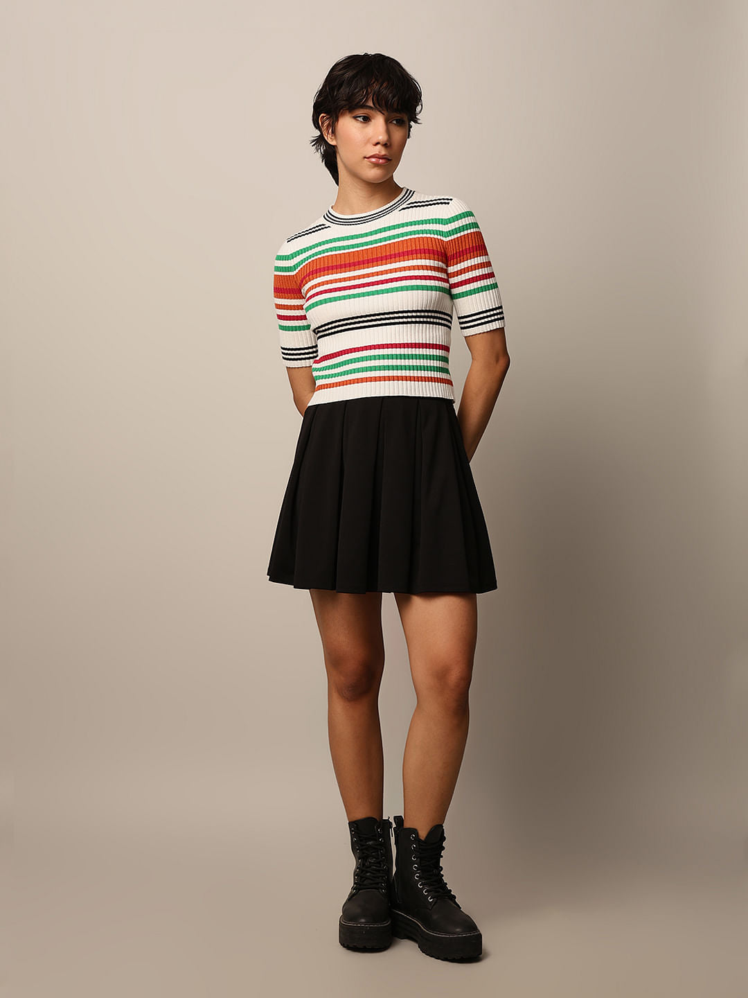 White Striped Cropped Knit Top