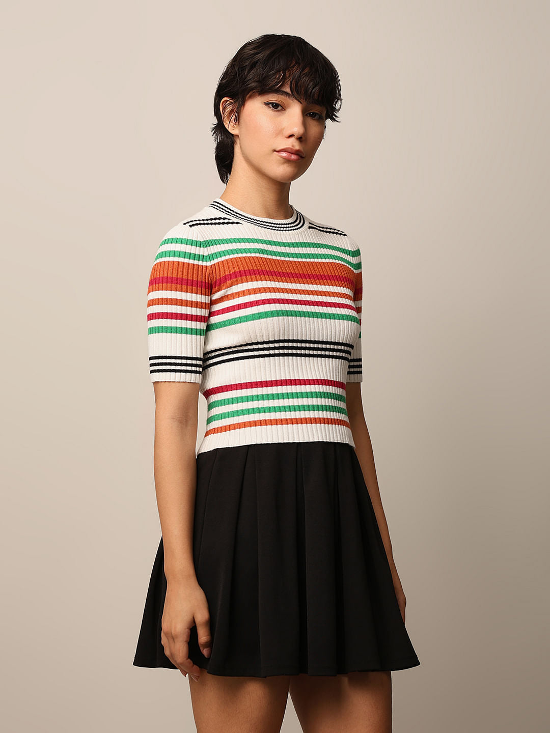 White Striped Cropped Knit Top