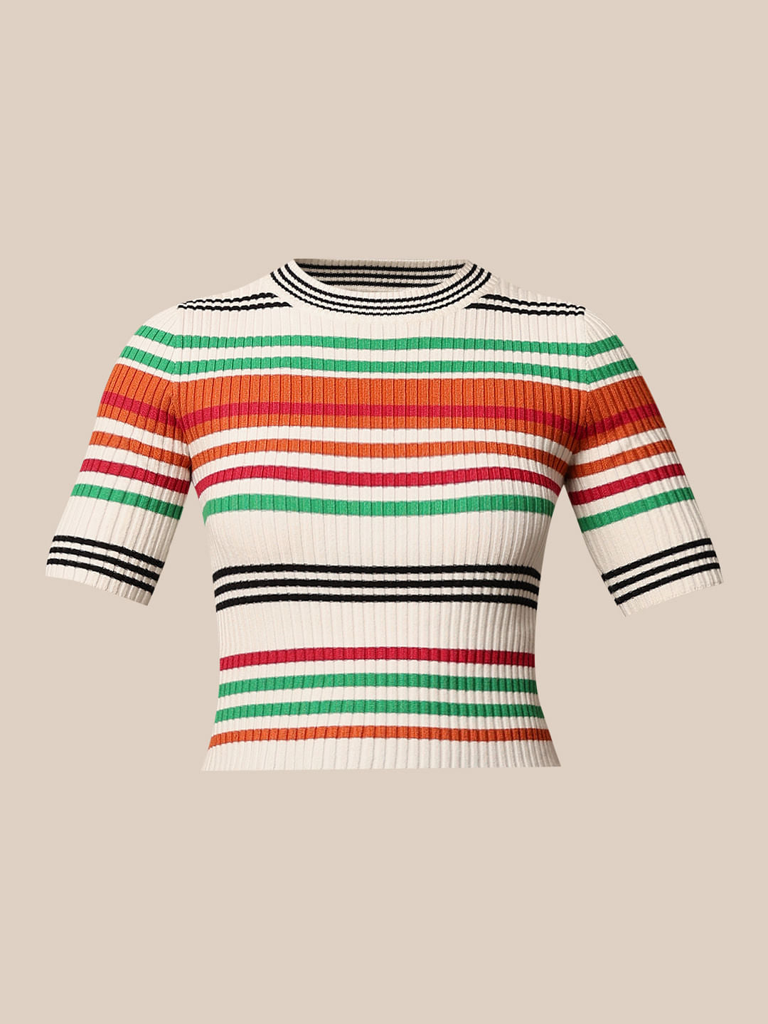 White Striped Cropped Knit Top