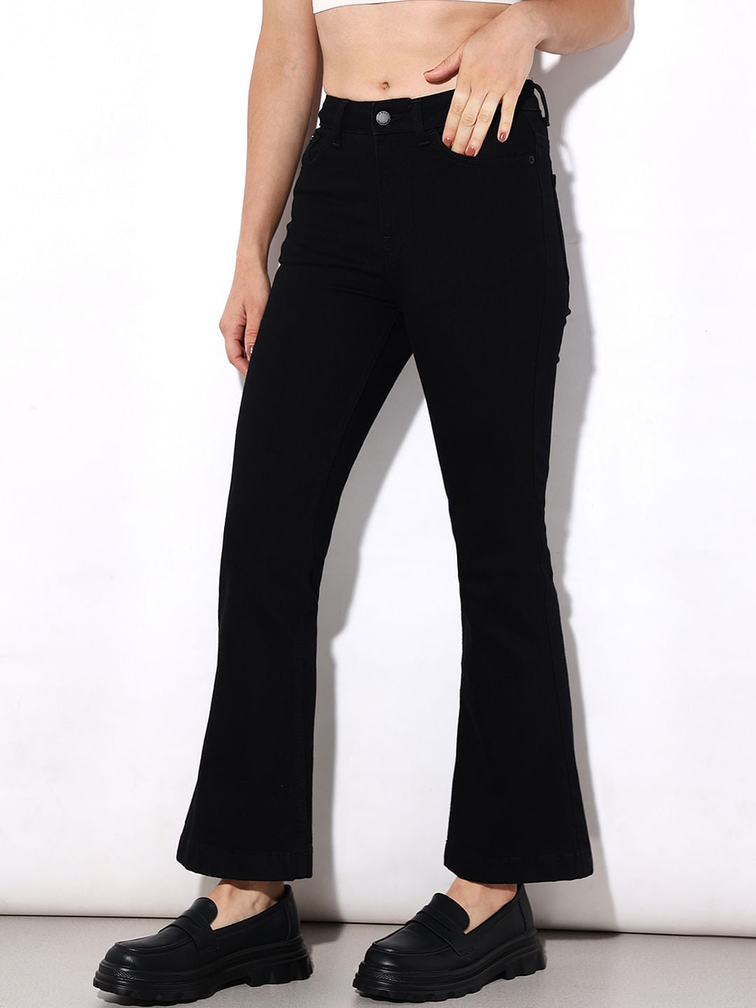 Black Mid Rose Flora Flared Jeans