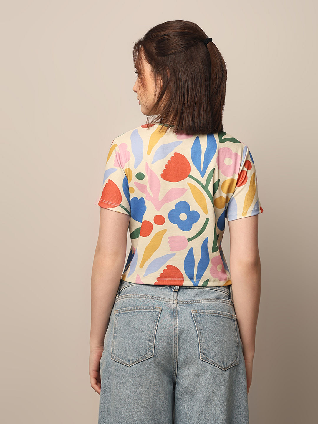 White Printed Ribbed T-Shirt