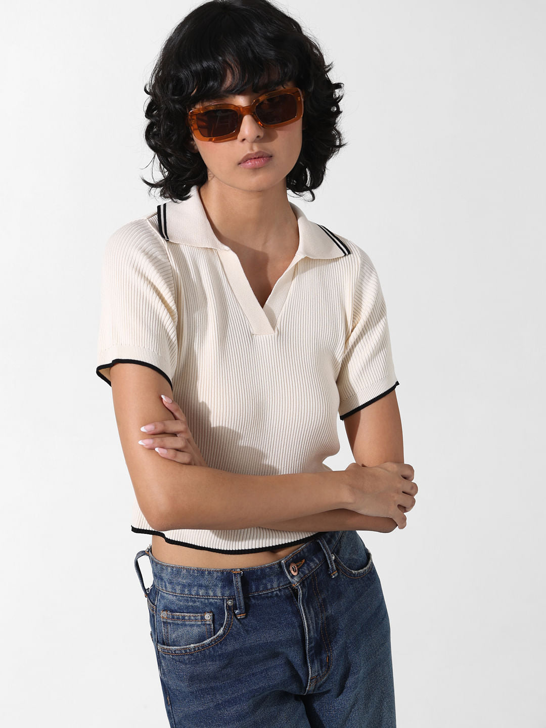 Beige Ribbed Polo T-Shirt