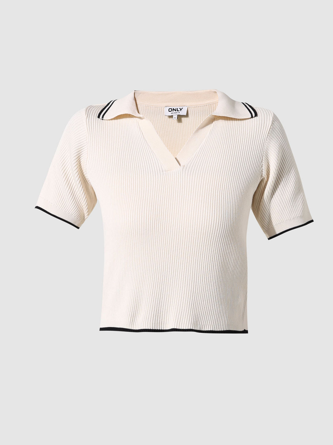 Beige Ribbed Polo T-Shirt