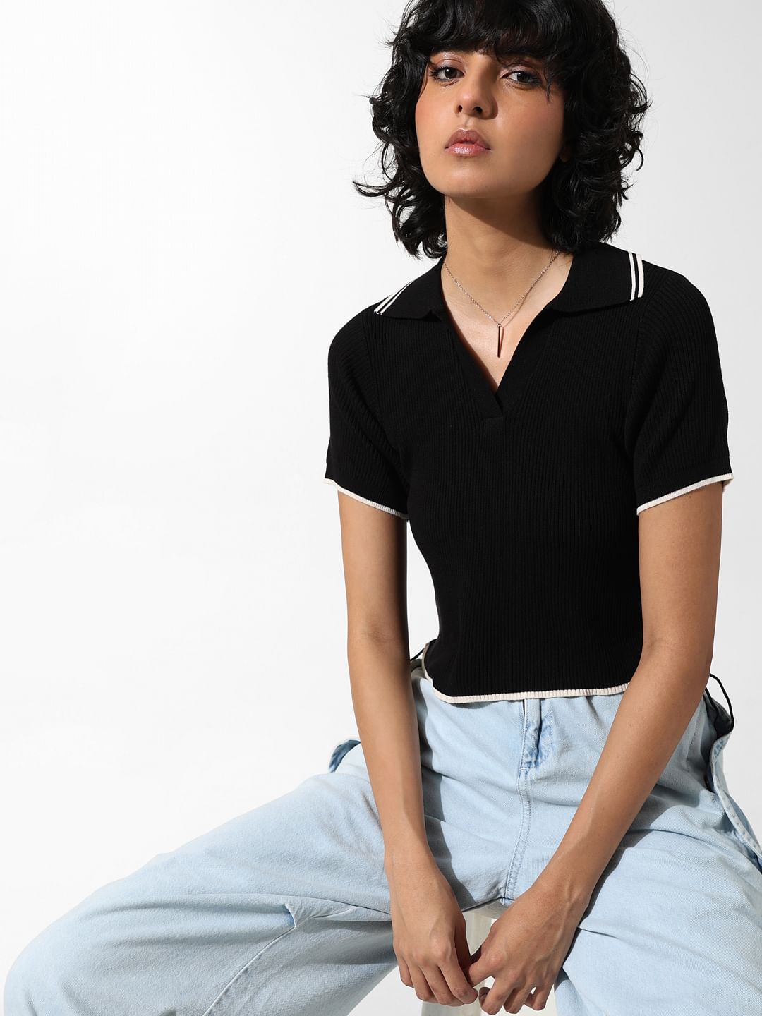 Black Ribbed Polo T-Shirt