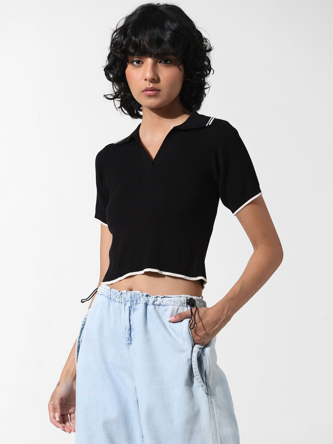 Black Ribbed Polo T-Shirt